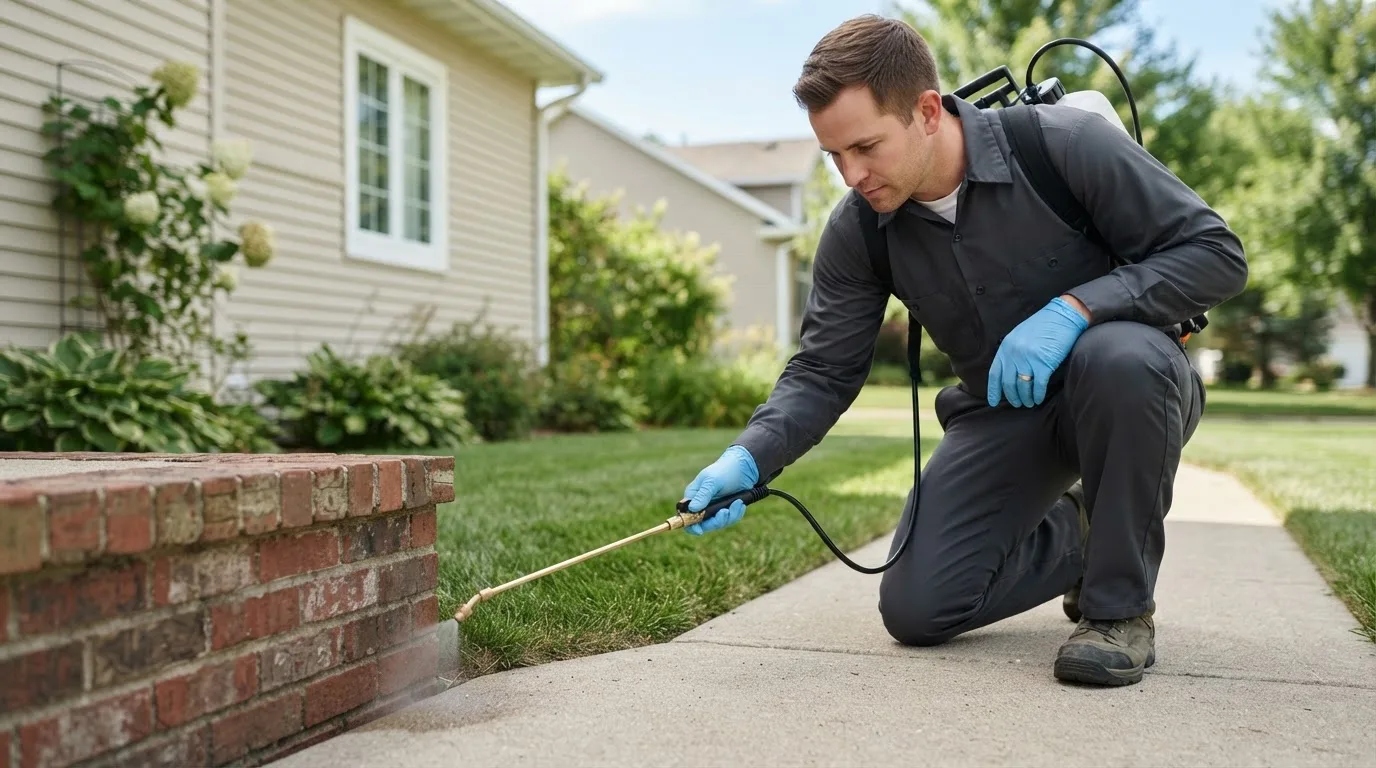 Pest control technician treating a home near Ocean Isle Beach, NC